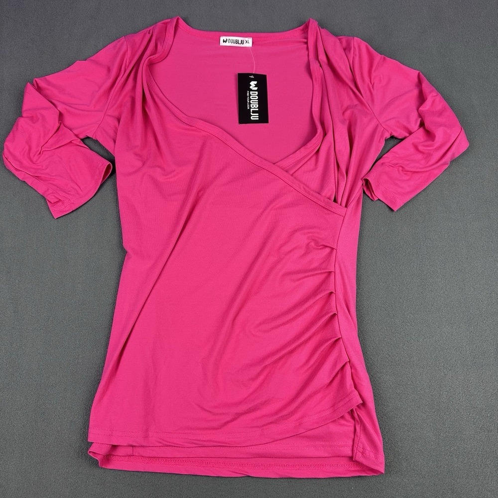 DOUBLJU Womens Fuchsia Surplice Top XL Ruched Stretch 3/4 Sleeve V Neck Blouse